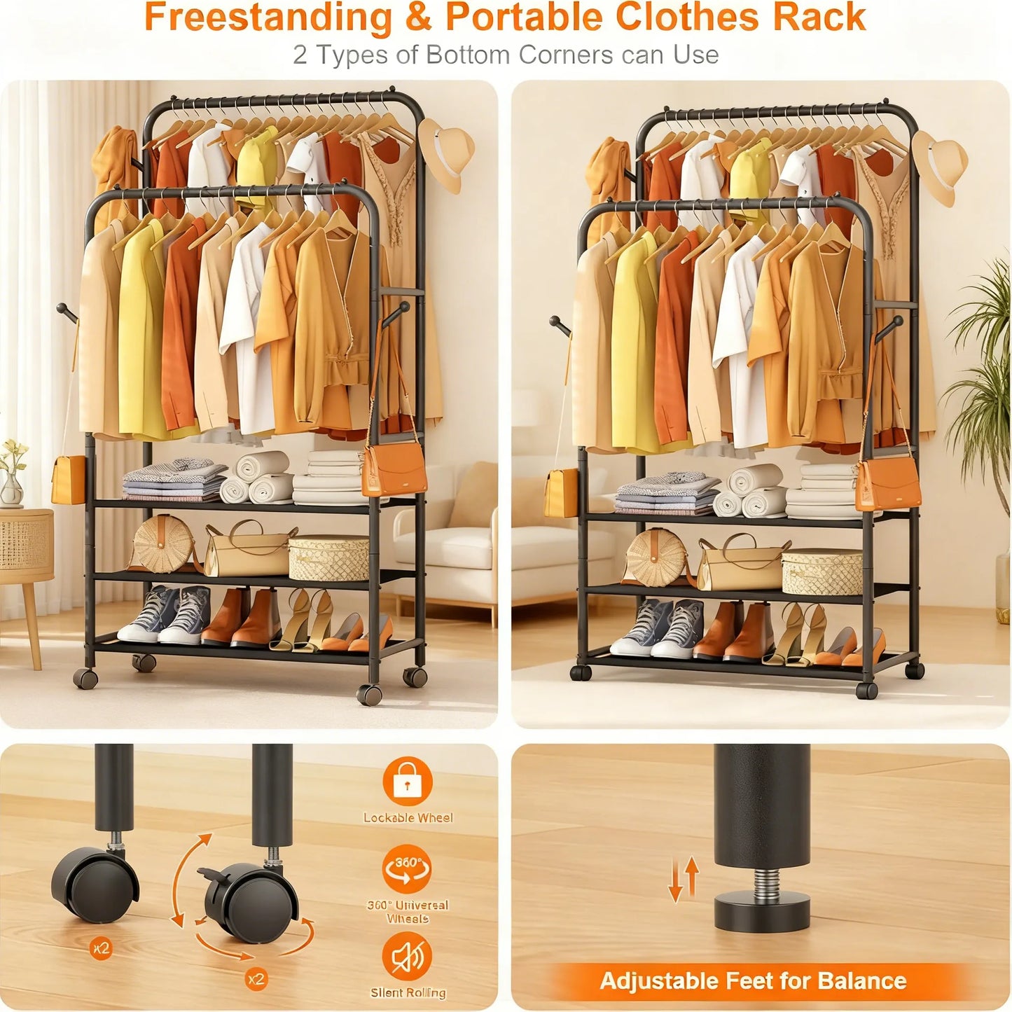 3-in-1 Adjustable Rolling Garment Rack: Maximize Your Closet Space