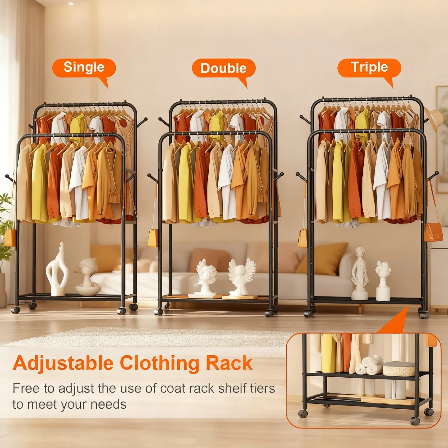 3-in-1 Adjustable Rolling Garment Rack: Maximize Your Closet Space