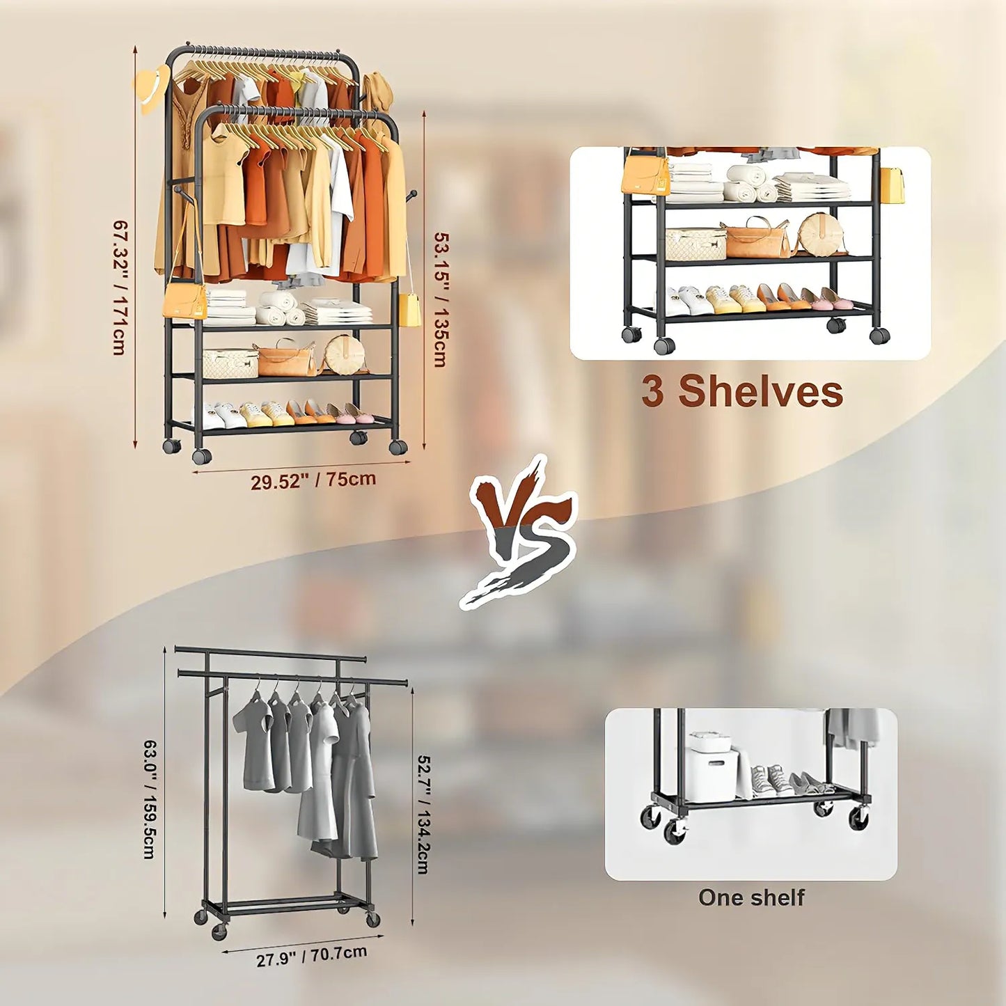3-in-1 Adjustable Rolling Garment Rack: Maximize Your Closet Space